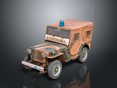 Camouflage Military Jeep With Blue Siren Light XIAPONOMIA Sign Canvas Roof And Off-Road Tires 3d model