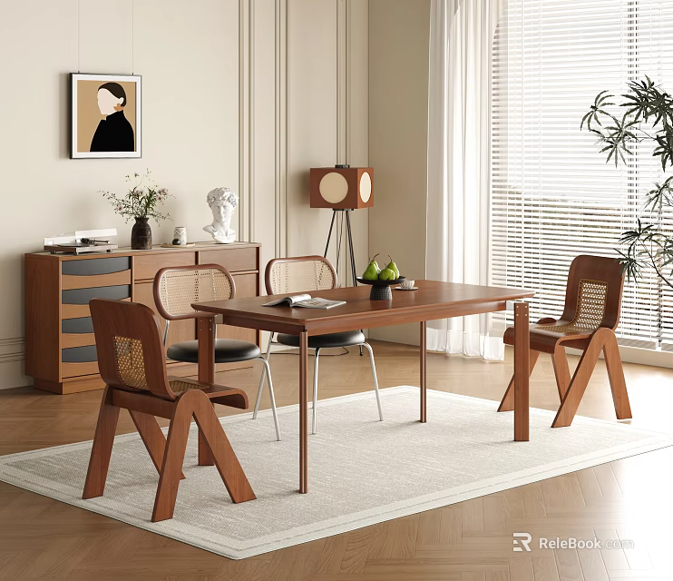 Modern Wooden Dining Table Set with Chairs Side Cabinet Decorations and Natural Light in Room 3d model 