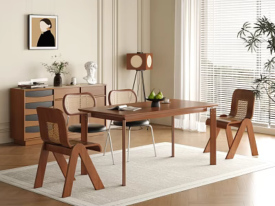 Modern Wooden Dining Table Set with Chairs Side Cabinet Decorations and Natural Light in Room 3d model