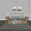 Modern Double Bed With Upholstered Headboard Wooden Frame Grey Sheets Plaid Blanket And Nightstand