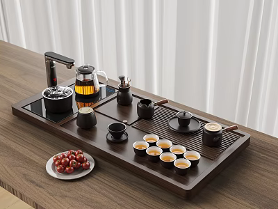 Elegant Tea Set With Wooden Tray Ceramic Cups And Teapot On Table 3d model