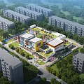 Vibrant Modern School Building with Large Windows Green Landscaping and Playground Area