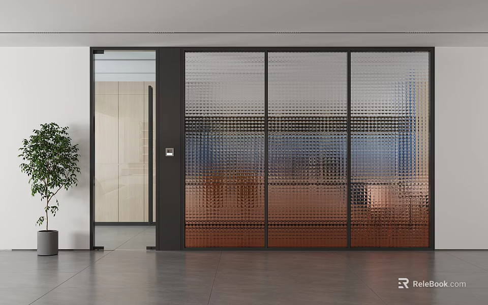 Modern Floor to Ceiling Glass Windows With Grid Design And Potted Plant In Sleek Interior 3d model 