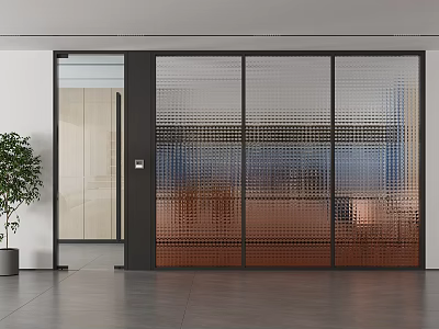 Modern Floor to Ceiling Glass Windows With Grid Design And Potted Plant In Sleek Interior 3d model