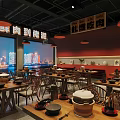 Modern Hot Pot Restaurant Interior With Red Walls Large Windows And City Night View
