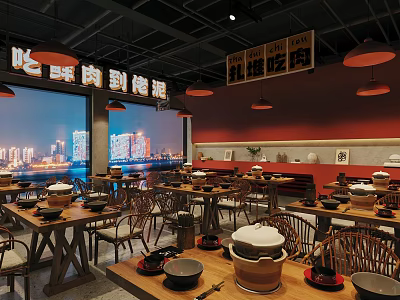 Industrial style nostalgic barbecue shop barbecue shop hot pot shop skewers shop Chinese restaurant hot pot table and chair broken wall barbecue table and chair hot pot tableware 3d model