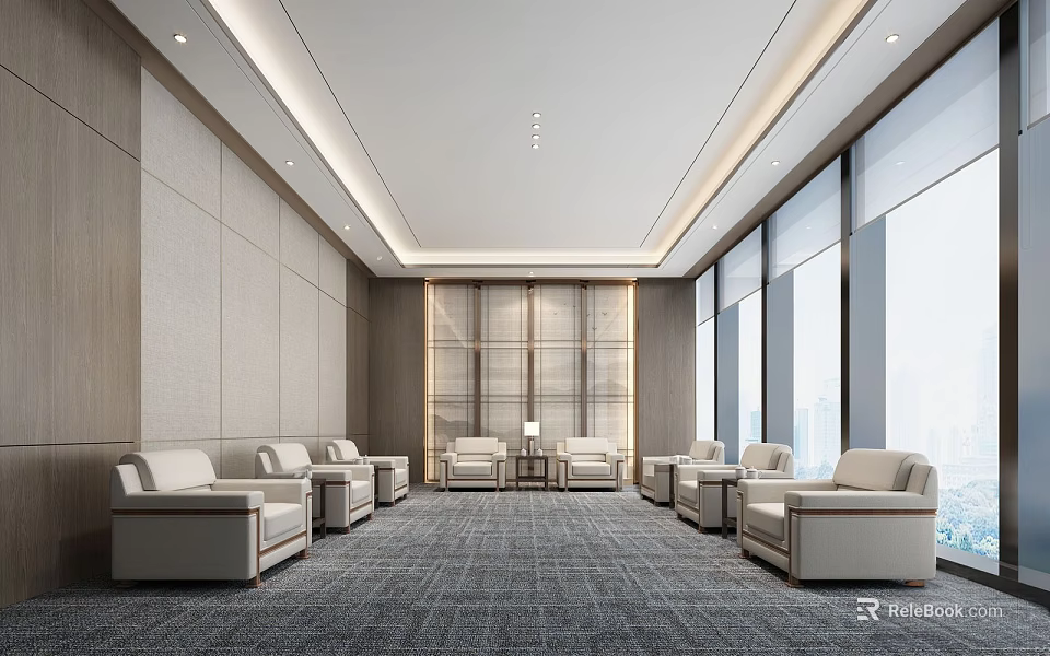 Spacious Modern Hotel Public Lounge Interior With Comfortable Sofas Large Windows And Gray Carpet 3d model