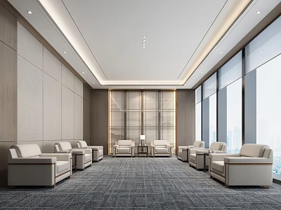 Spacious Modern Hotel Public Lounge Interior With Comfortable Sofas Large Windows And Gray Carpet 3d model