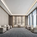 Spacious Modern Hotel Public Lounge Interior With Comfortable Sofas Large Windows And Gray Carpet 3d model