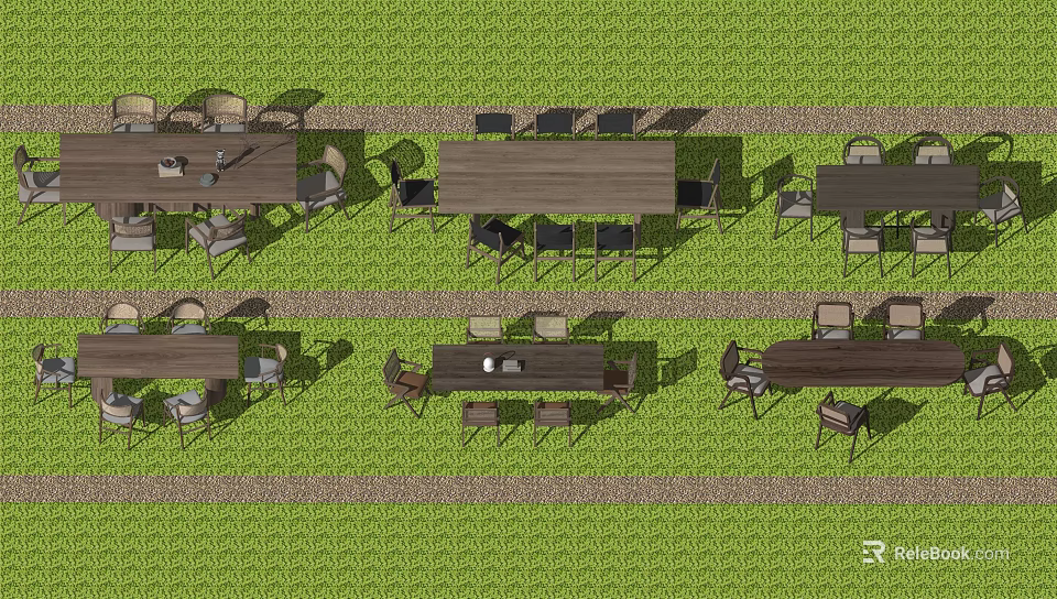 Multiple Outdoor Dining Table Sets Arranged On Green Grass With Chairs 3d model 