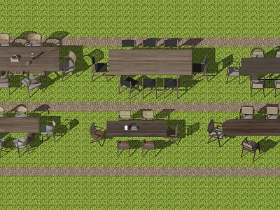 Multiple Outdoor Dining Table Sets Arranged On Green Grass With Chairs 3d model