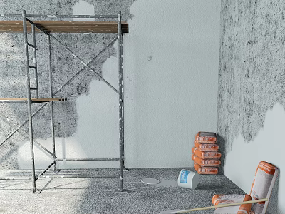 Industrial Construction Equipment Including Scaffolding Plaster Bags And Paint Roller For Wall Renovation 3d model