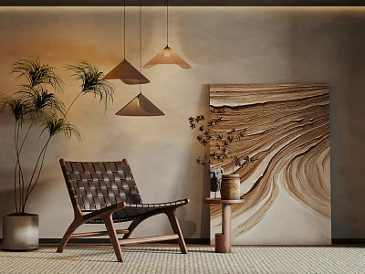 Woven Lounge Chair Wooden Frame with Side Table Potted Plant Hanging Lights Warm Wall Art 3d model