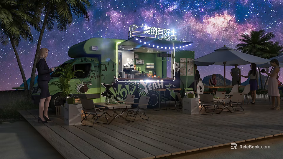 Green Food Truck With Neon Sign Palm Trees And Outdoor Seating Under Starry Sky 3d model 