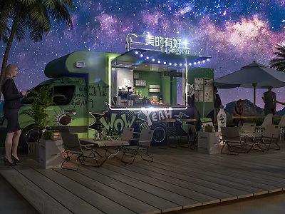 Green Food Truck With Neon Sign Palm Trees And Outdoor Seating Under Starry Sky 3d model