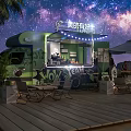 Green Food Truck With Neon Sign Palm Trees And Outdoor Seating Under Starry Sky