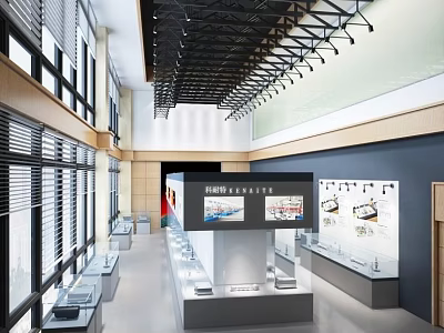 Spacious Modern Exhibition Hall With Display Cabinets Exhibits And Bright Lighting 3d model