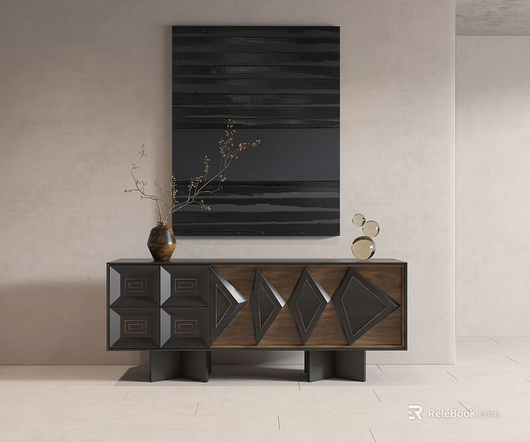 Modern Entryway Console Table With Geometric Wood Design And Decorative Vase Sculptures 3d model 