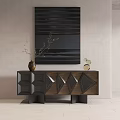Modern Entryway Console Table With Geometric Wood Design And Decorative Vase Sculptures
