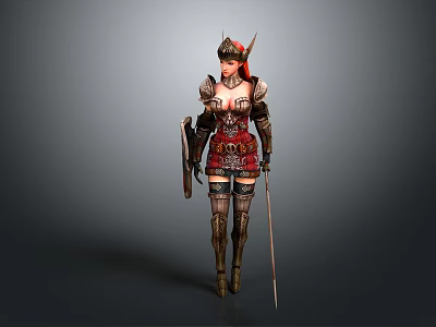 Brave Female Warrior Character In Red Gold Armor With Eagle Themed Helmet And Spear Shield 3d model