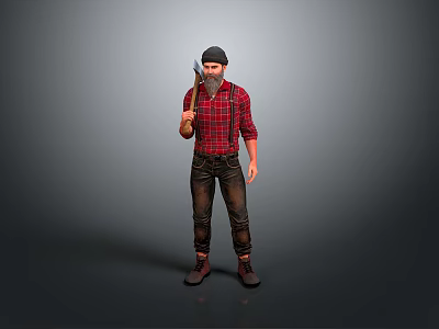A Man Wearing Red Plaid Shirt And Suspenders Holding Axe With Hat 3d model