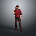 A Man Wearing Red Plaid Shirt And Suspenders Holding Axe With Hat