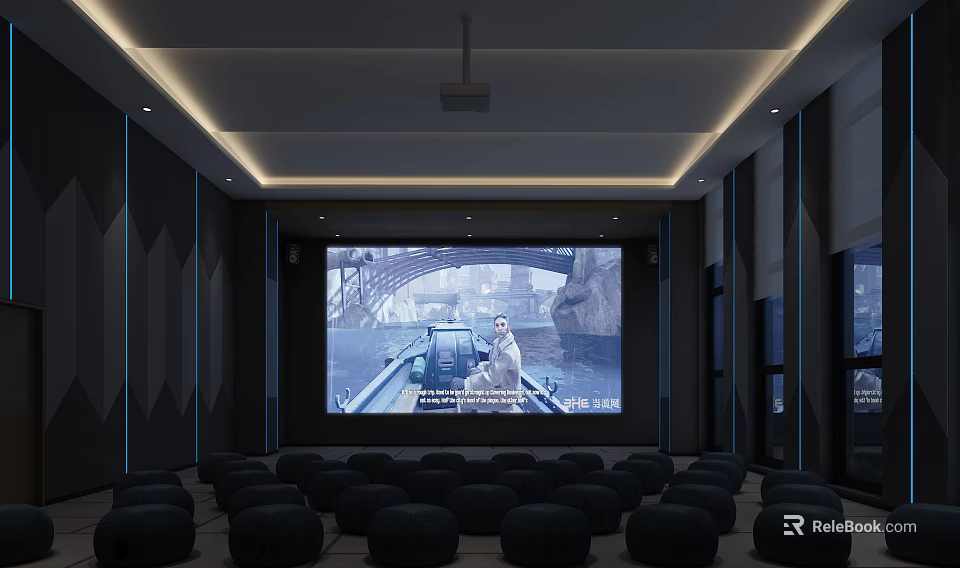 Modern Cinema Interior With Comfortable Plush Seats And Large Movie Screen Playing 3d model 