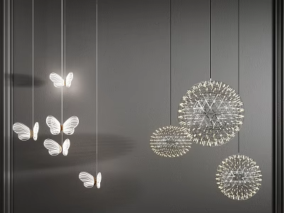 Modern White Butterfly And Dandelion Shaped Pendant Lights Hanging On Grey Wall 3d model