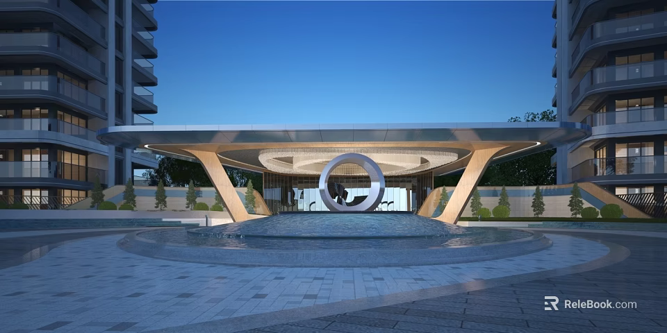 Modern Residential Building with Circular Arch Entrance Water Fountain and Landscaped Gardens 3d model 