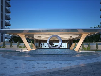 Modern Residential Building with Circular Arch Entrance Water Fountain and Landscaped Gardens 3d model