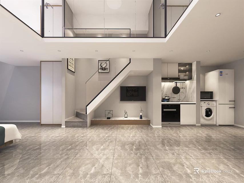 Modern Duplex Apartment Open Space Living Room With Staircase TV Kitchen Cabinets And Gray Floor 3d model 