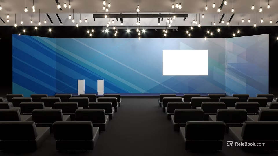 Modern Conference Room Interior With Blue Backdrop White Projection Screen Ceiling Lights And Black Seats 3d model 