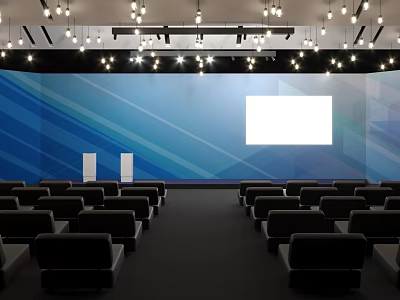 Modern Conference Room Interior With Blue Backdrop White Projection Screen Ceiling Lights And Black Seats 3d model
