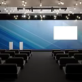 Modern Conference Room Interior With Blue Backdrop White Projection Screen Ceiling Lights And Black Seats