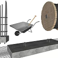 Building Construction Components With Steel Bars Wheelbarrow Cable Reel And Concrete Elements
