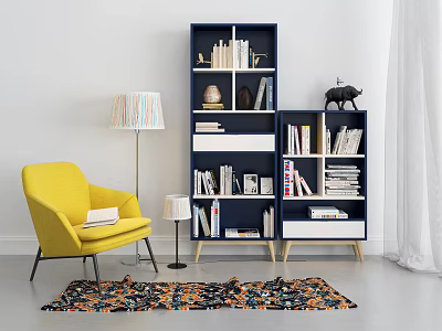 Yellow Lounge Chair With Floor Lamp And Dark Blue Bookshelves Books Decor On Colorful Rug 3d model