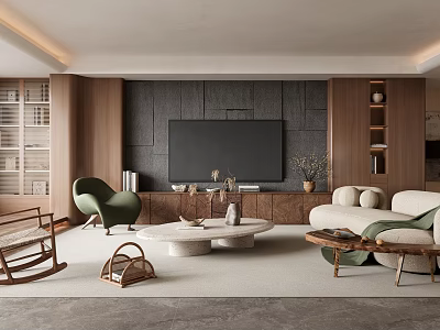 Modern Living Room Interior With Dark Panel TV Wall Beige Sofa And Green Chairs 3d model