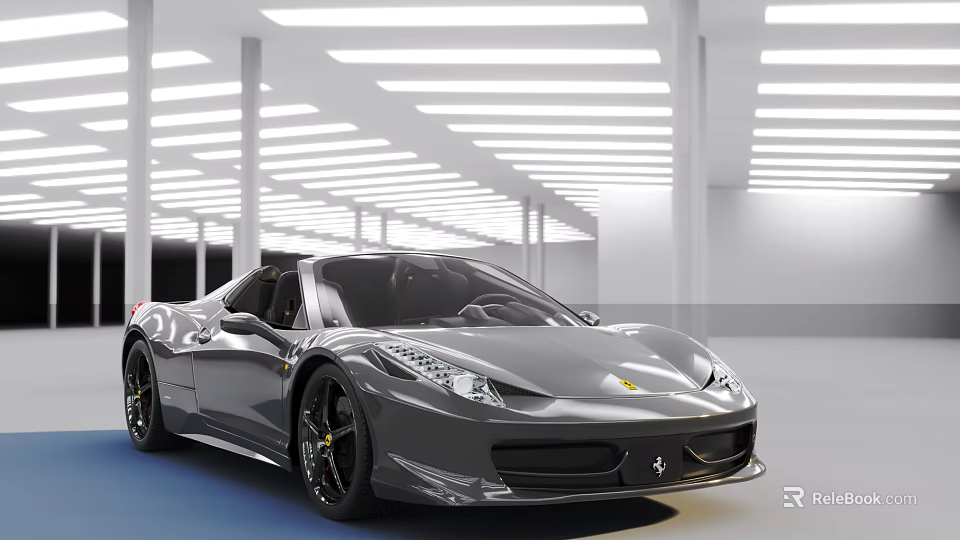 Gray Sports Car In Bright Indoor Showroom With White Ceiling And Blue Floor 3d model 
