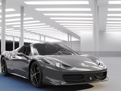 Gray Sports Car In Bright Indoor Showroom With White Ceiling And Blue Floor 3d model