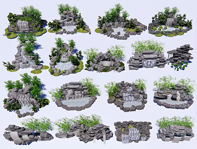 Chinese-style rockery flowing water features falling waterscape courtyard overlapping waterfall landscape flowing water stone 3d model