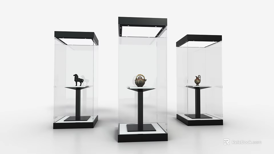 Transparent Glass Display Cabinets With Black Frame And Base For Showcasing Small Decorative Items 3d model 