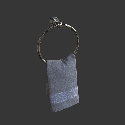 Elegant Gray Towel Hanging On Gold Towel Ring With White Lace Trim 3d model