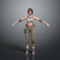 Woman in Camouflage Pants and Tank Top with Headphones Arm Guards Standing on Gray Background