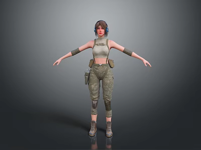 Woman in Camouflage Pants and Tank Top with Headphones Arm Guards Standing on Gray Background 3d model
