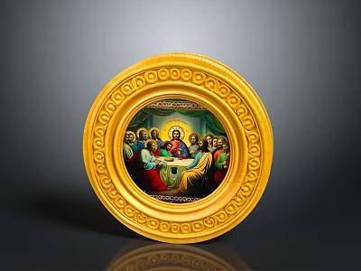 Golden Round Decorative Plate With Ornate Carved Frame And The Last Supper Painting 3d model