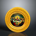 Golden Round Decorative Plate With Ornate Carved Frame And The Last Supper Painting