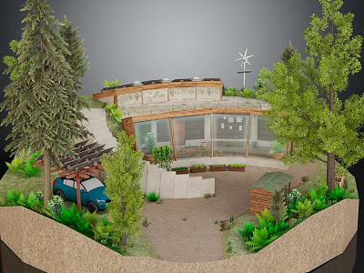 Cartoon Scene Of Eco Friendly House With Solar Panels Windmill Blue Car And Green Trees 3d model