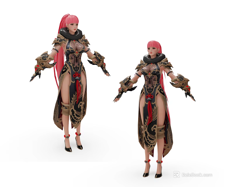 Game Movie Character With Pink Hair Ornate Armor And High Slit Long Dress 3d model 