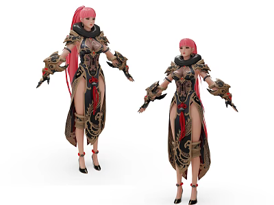 Game Movie Character With Pink Hair Ornate Armor And High Slit Long Dress 3d model