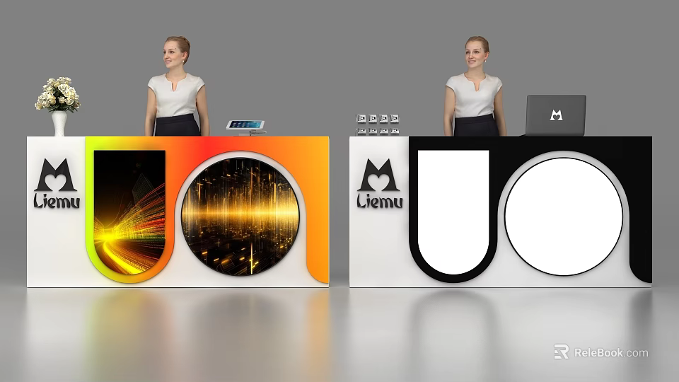 Colorful And Black White Stylish Reception Desk With Lemu Logo Heart Symbol And Digital 3d model 